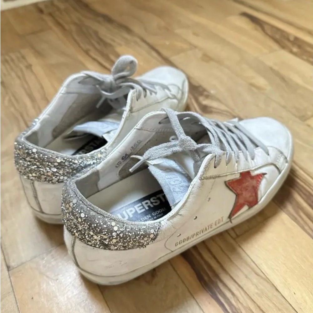 Golden Goose White Sneakers with Red Star and Glitter Heel